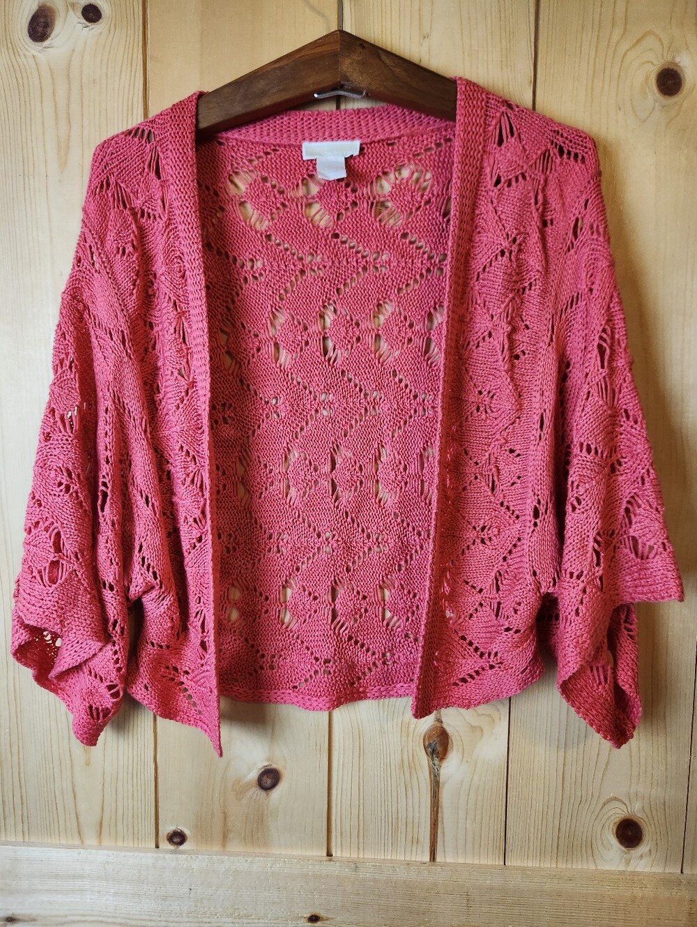 Christina Pink Open Knit Lace Pattern 3/4 Sleeve Cropped Open Front Cardigan